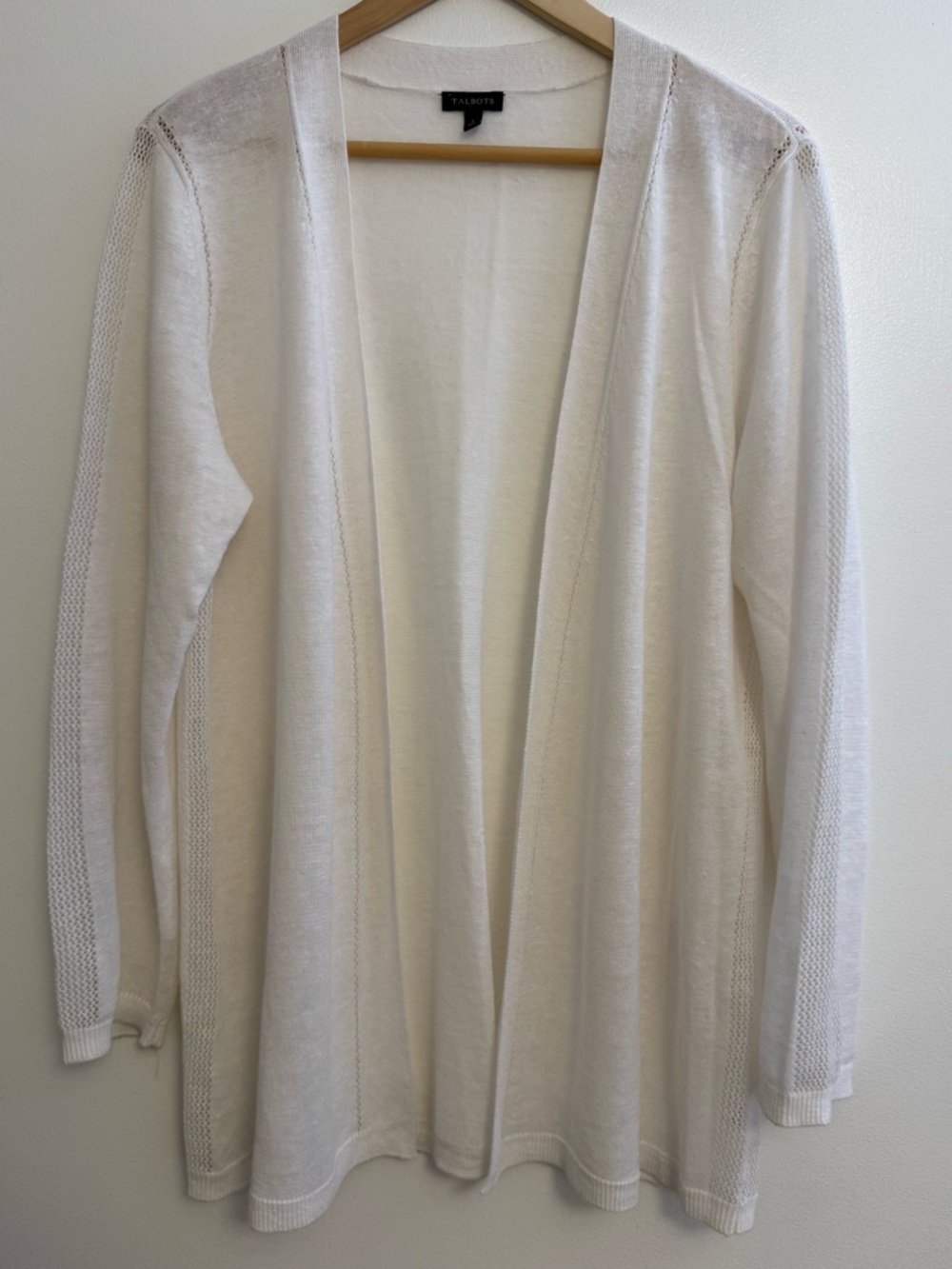 Talbots white Open-Front Lightweight Women’s Cardigan with eyelet design.